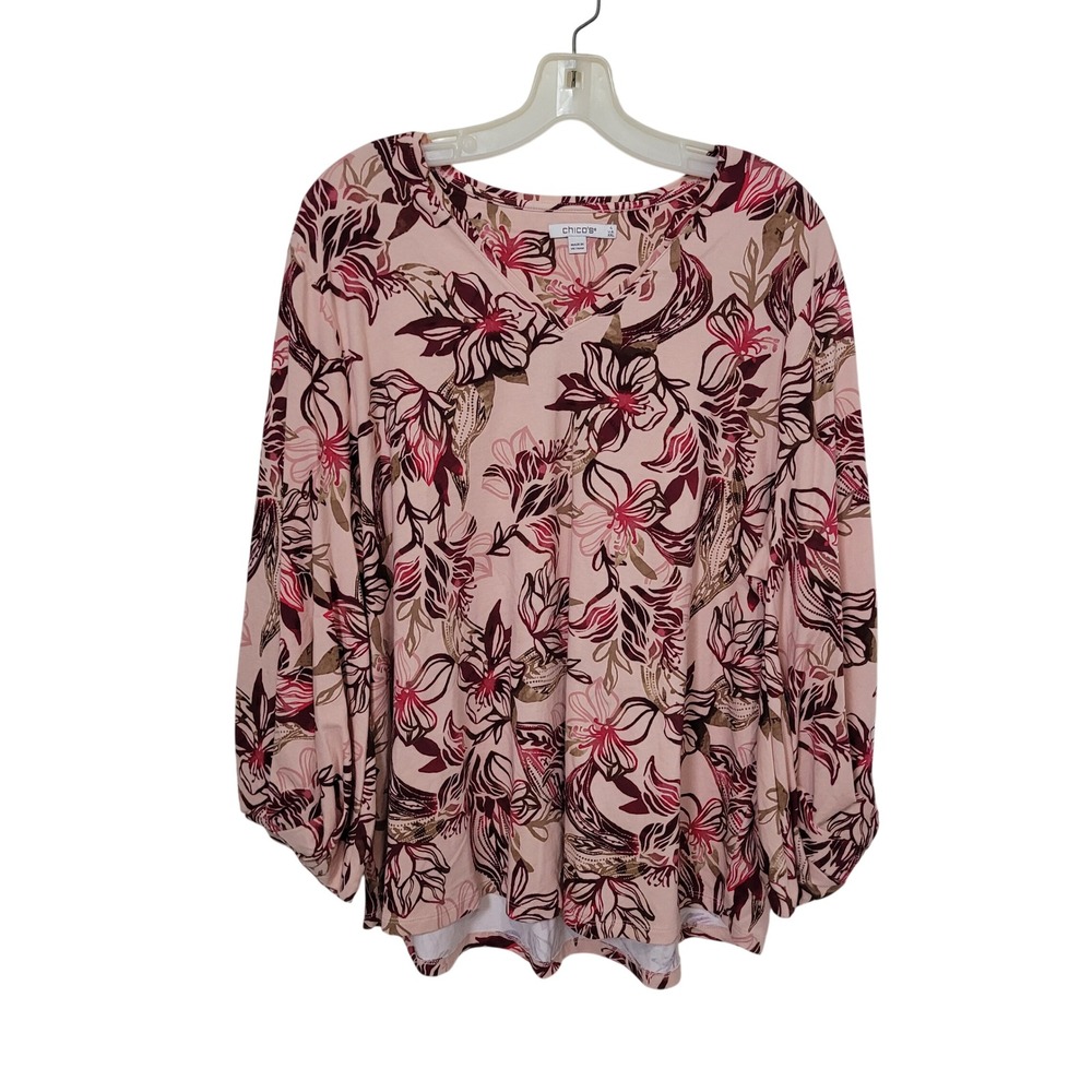 Chico's 4 XXL Floral Balloon Sleeve V-Neck Blouse Womens Pinkā Botanical Jersey